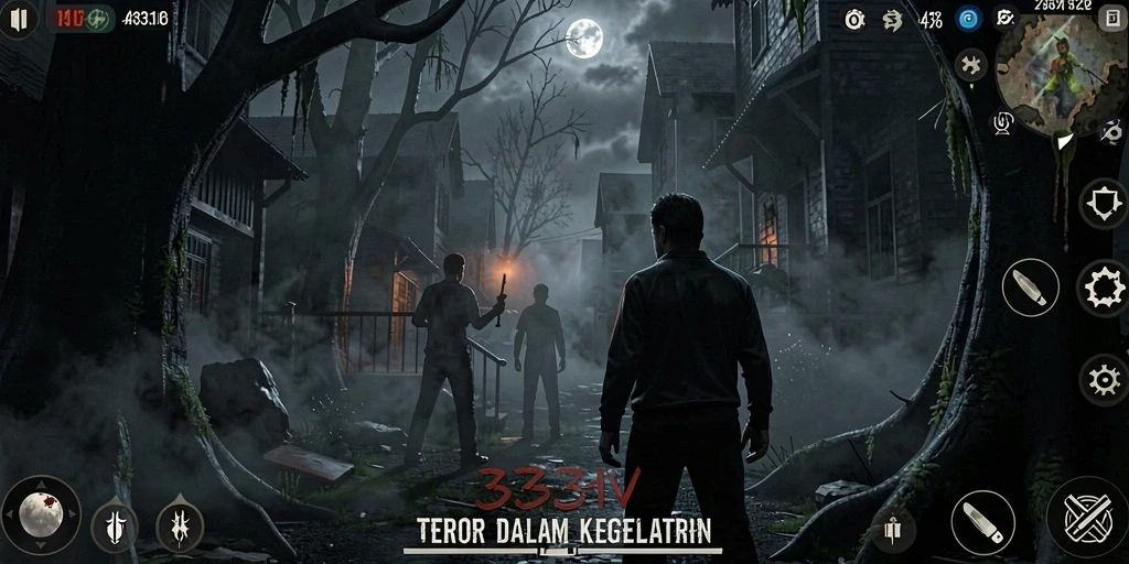 Screenshot menampilkan gameplay menegangkan di dunia penuh kegelapan.