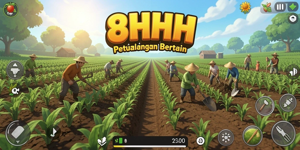 Tampilan gameplay 8HHH yang menampilkan aktivitas bertani.