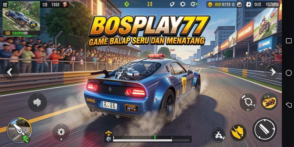 Screenshot gameplay BOSPLAY77 yang menunjukkan aksi balapan seru.