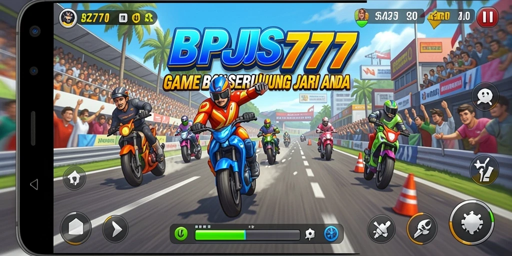Menampilkan gameplay menegangkan dari BPJS777 dengan mobil balap yang melaju kencang.