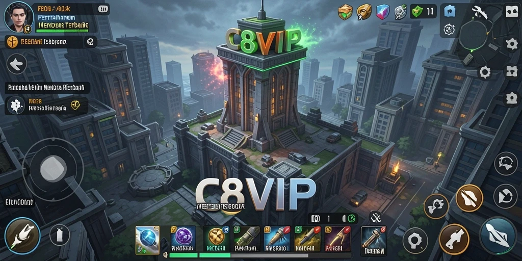 Tampilan gameplay C8VIP dengan menara dan musuh menyerang.