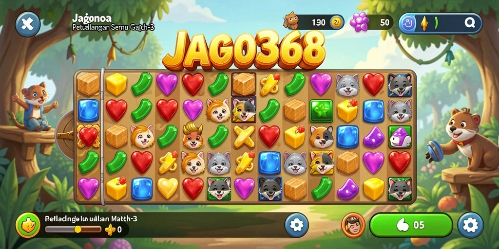 Screenshot JAGO368 menampilkan gameplay Match-3 yang seru dan penuh warna.