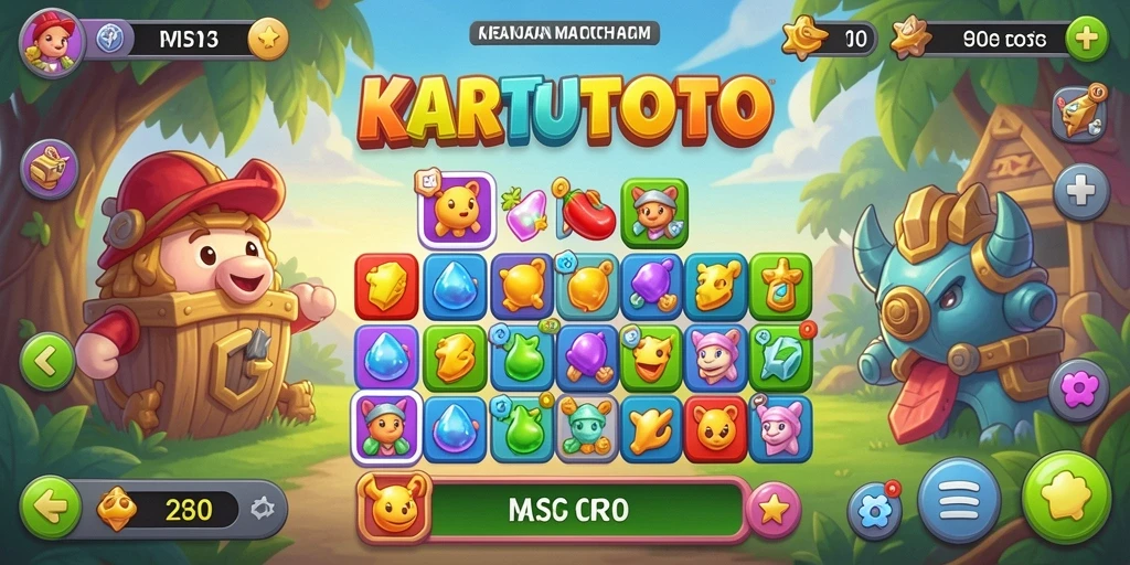 Tangkapan layar utama KARTUTOTO menampilkan gameplay match-3 yang menarik.