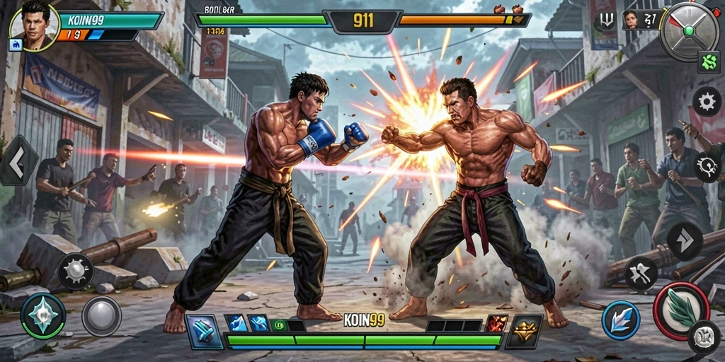 Tangkapan layar gameplay KOIN99 menampilkan aksi pertarungan yang seru dan mengasyikkan.