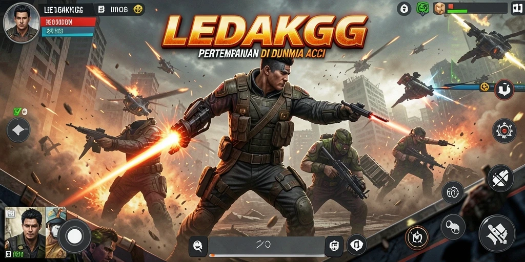 Tangkapan layar utama LEDAKGG menampilkan aksi pertempuran yang intens.