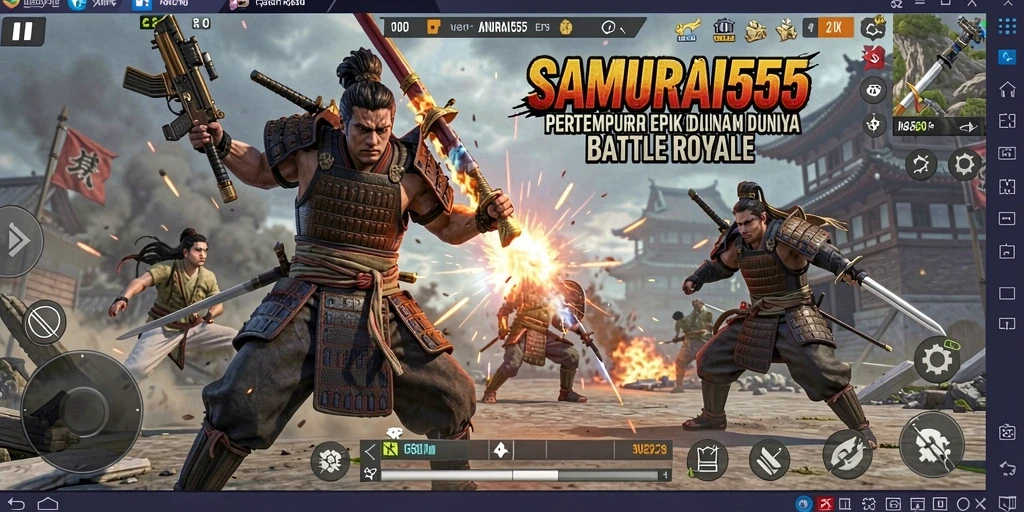 Screenshot utama dari gameplay SAMURAI555 yang menampilkan aksi pertempuran intens.