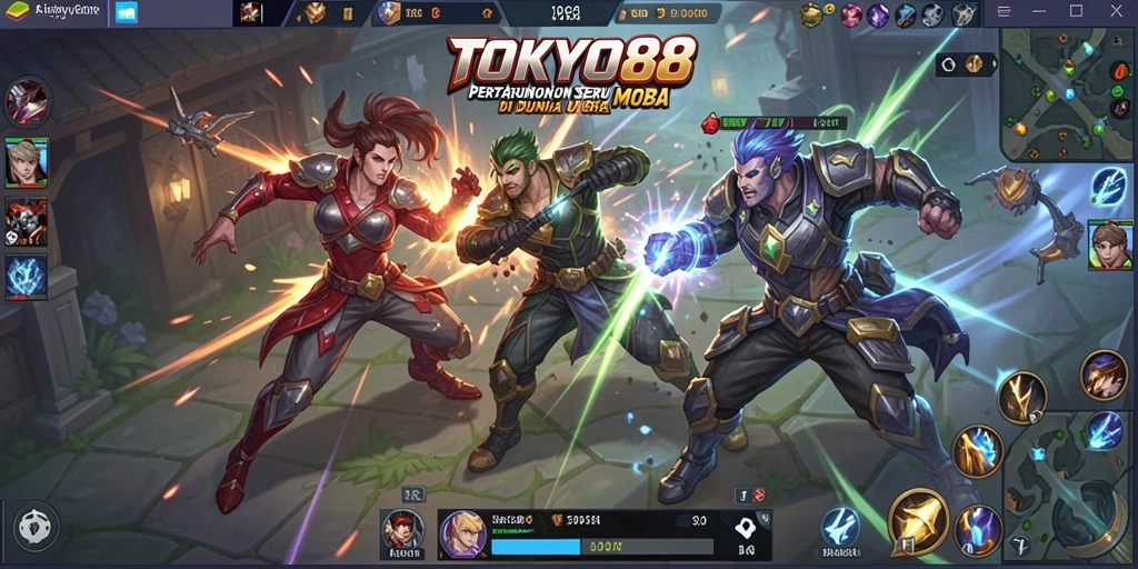 Screenshot utama TOKYO88 menampilkan aksi pertempuran seru di arena.